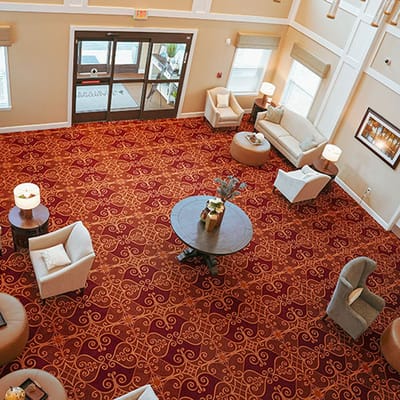 Interior view of a common area with seating