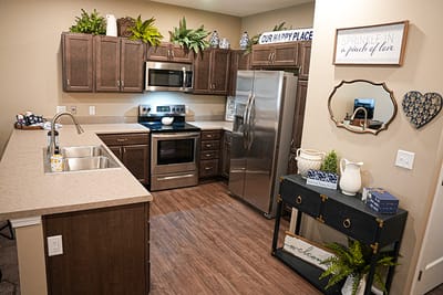 Modern kitchen interior showcasing resident amenities