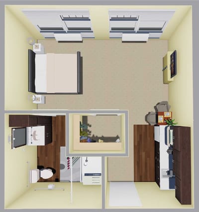 Floor plan of a resident room with kitchenette