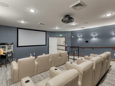 Interior view of a movie theater room with seating