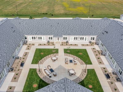 Aerial view of a courtyard in a senior living facility