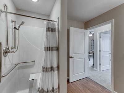 Interior view of a bathroom with safety features