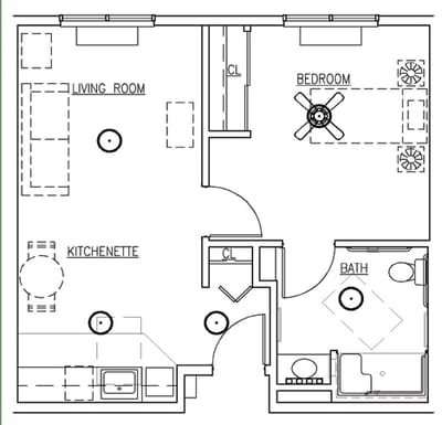 Architectural floor plan of a senior living unit
