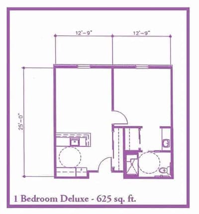 Floor plan for a 1 bedroom deluxe unit
