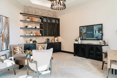 Bright common area with seating and decor