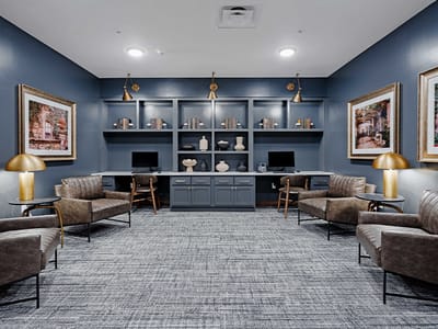 Interior of a cozy common area with seating and decor