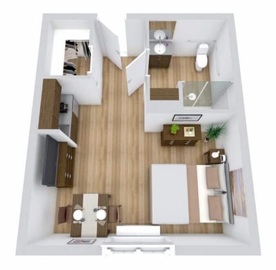 A layout of a senior living unit with furniture