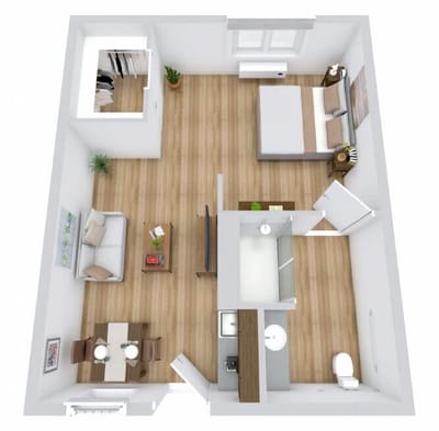 Aerial view of a small resident room layout