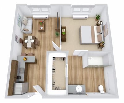 Floor plan of a resident's room in a senior living facility
