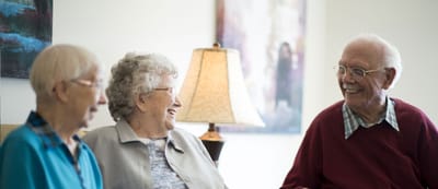 Three residents enjoying conversation in a cozy living area