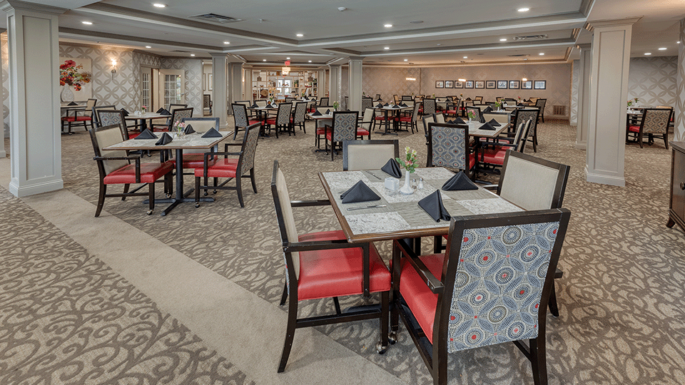Dining area setup with tables and chairs