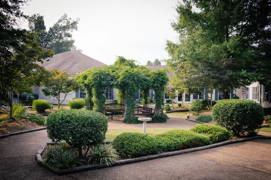 Outdoor garden space with benches and lush greenery