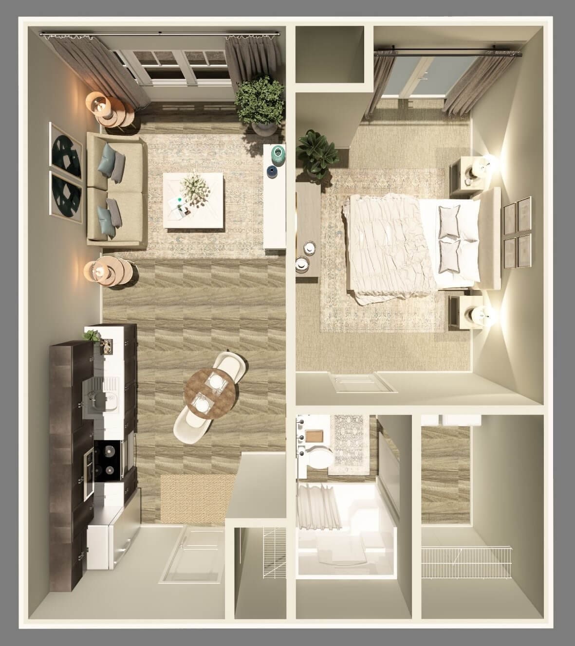 Aerial view of a modern apartment layout for seniors