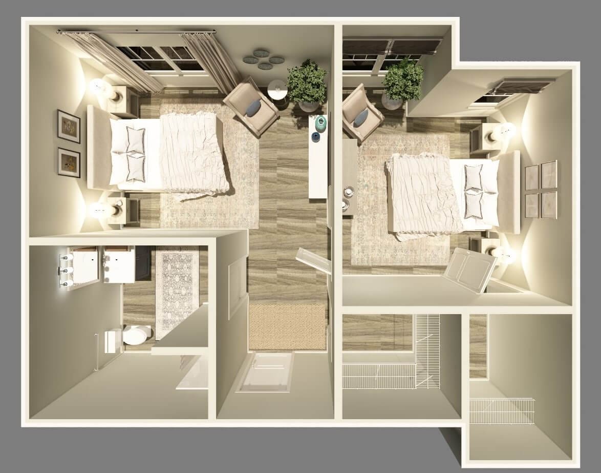 A floor plan of a shared living space for residents