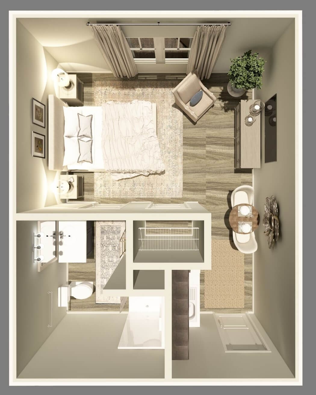 Top-down view of a private resident room layout