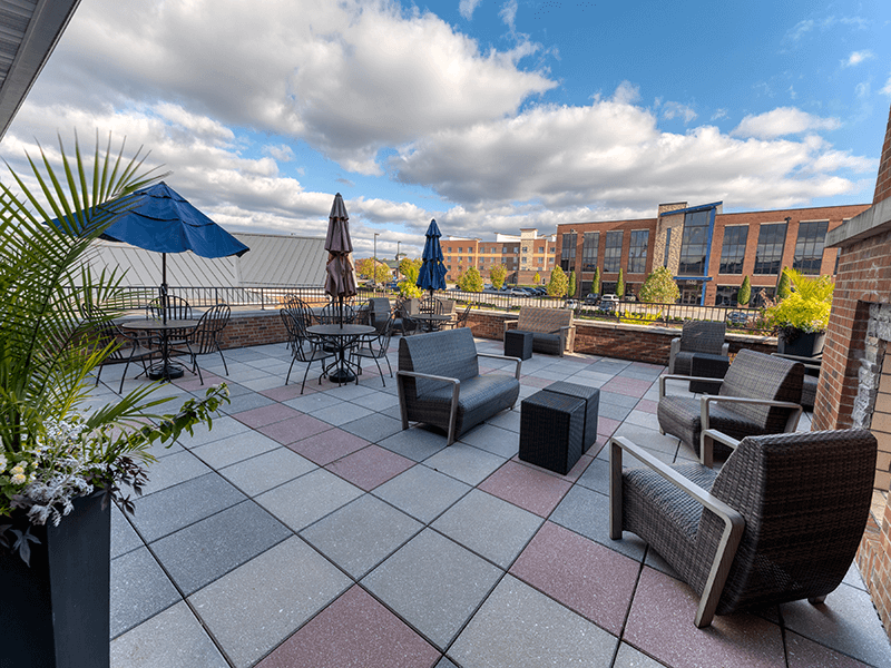 Outdoor seating area with umbrellas and views