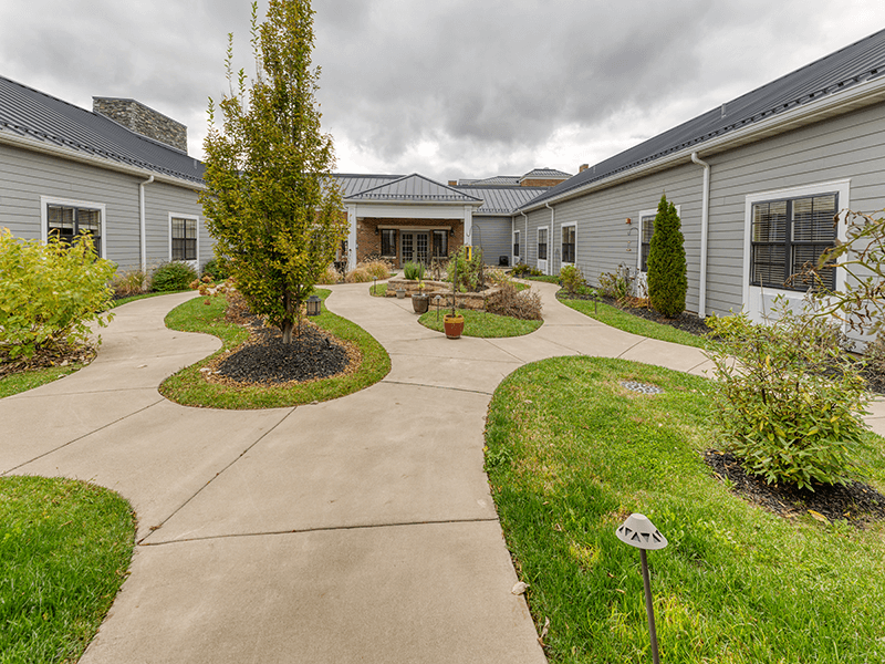 A landscaped outdoor space with garden pathways