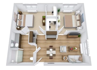 3D floor plan of a shared living space