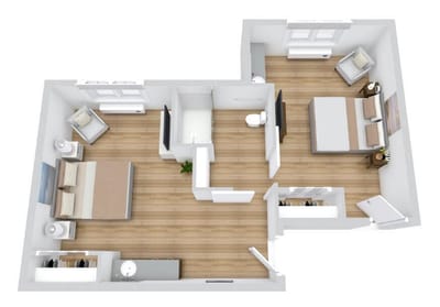 Architectural floor plan of a two-bedroom suite