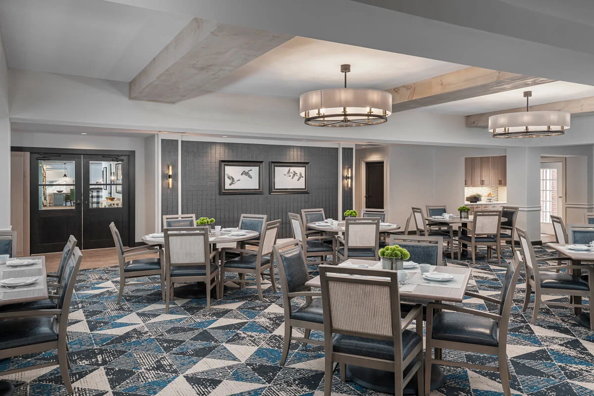 Bright and modern dining room with tables and chairs