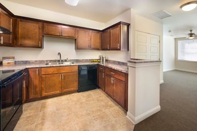 Bright kitchen in a senior living unit