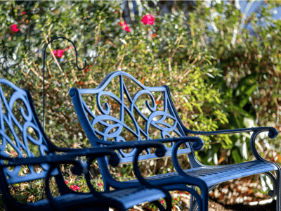 Benches in a garden area with blooming flowers