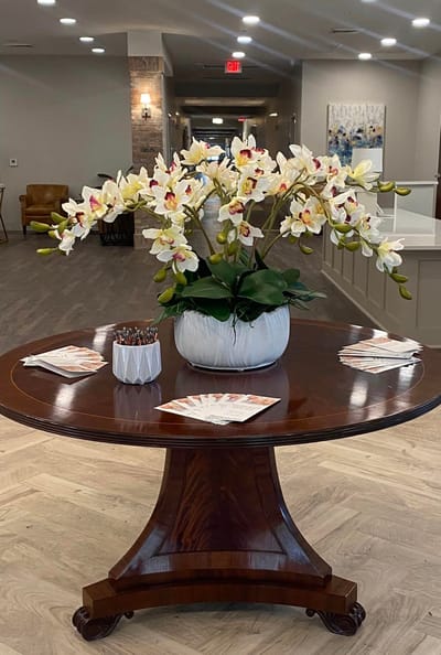 Interior common area with a floral centerpiece
