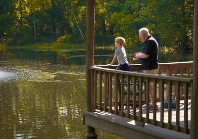 An elderly man and a child fishing by a lake