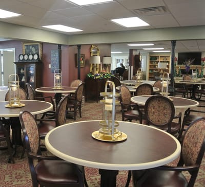 Interior view of a dining room with tables