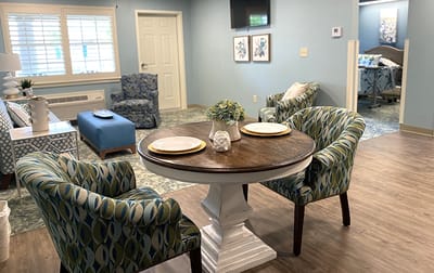 Cozy interior room with dining table and seating
