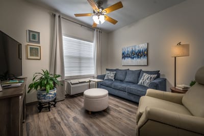 Bright interior living space with seating and decor