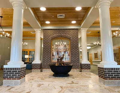 Interior view of a lobby with decorative elements