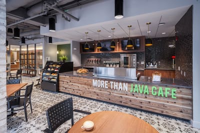 Interior view of a café with food offerings