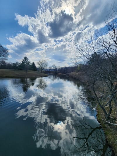 Scenic view of a lake with cloudy skies