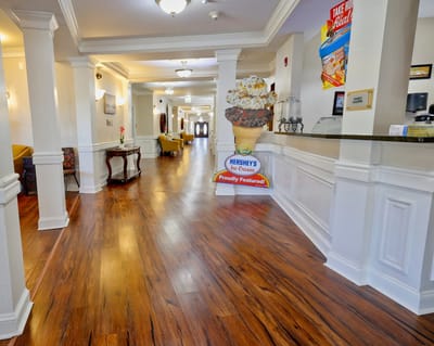 Bright interior hallway of a senior living facility