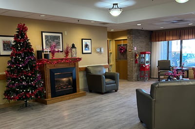 Cozy lobby area decorated for Christmas