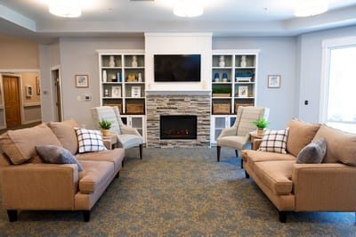 Bright and inviting common area with seating.