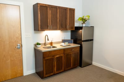 Interior view of a kitchenette in a private resident room