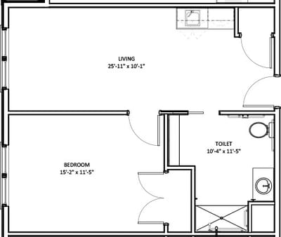 Floor plan layout of a living space with bedroom and bathroom.