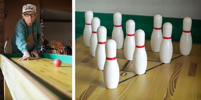 An elderly resident preparing to bowl with pins set up