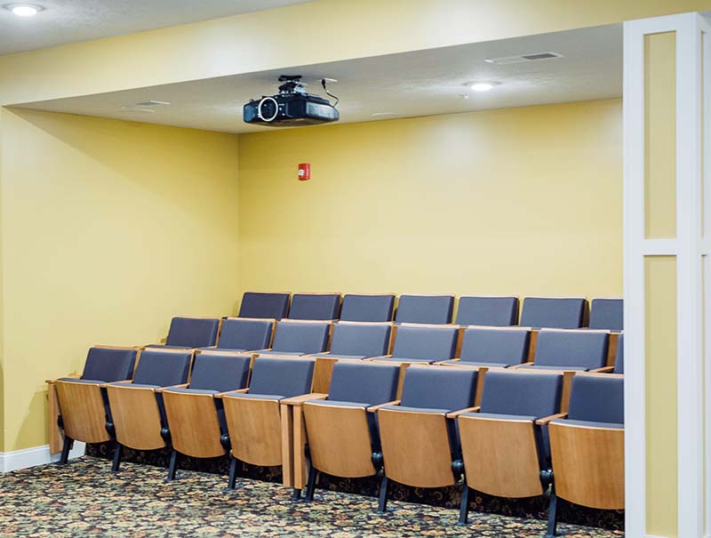 Interior view of a small theater space with seating