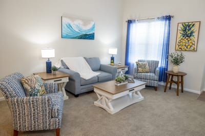 Cozy common area with modern furniture and decor