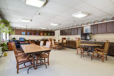 Spacious common area with welcome signage