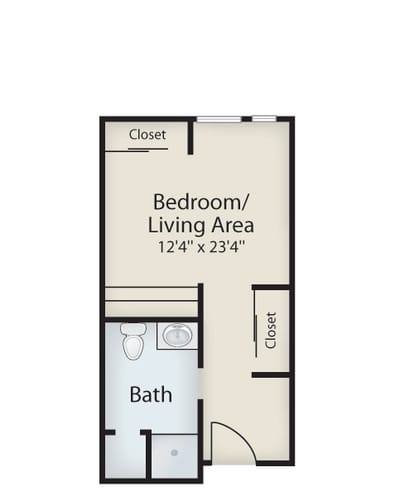Floor plan of a bedroom/living area with bath