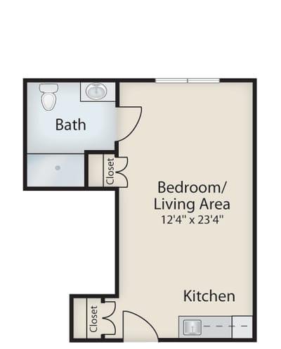 Floor plan of a resident living area and bath