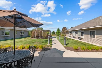 Outdoor space with seating and pathways