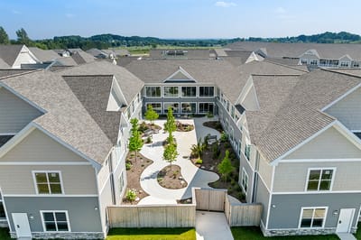 Aerial view of a courtyard with pathways and greenery