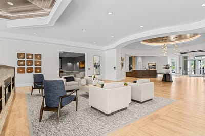 Bright common area with seating and decorative elements