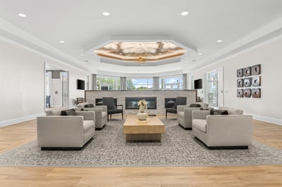 Interior view of a modern common area with seating