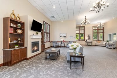 Interior common area with seating and fireplace